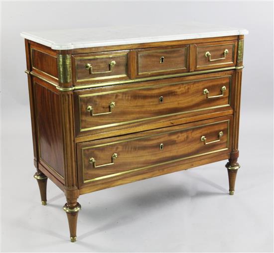 A French Directoire mahogany and brass mounted marble top commode, W.3ft 3.5in.